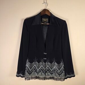 VtG Y2K Terani Couture Black Beaded Evening Jacket Silver Sequin Fringe Formal 8